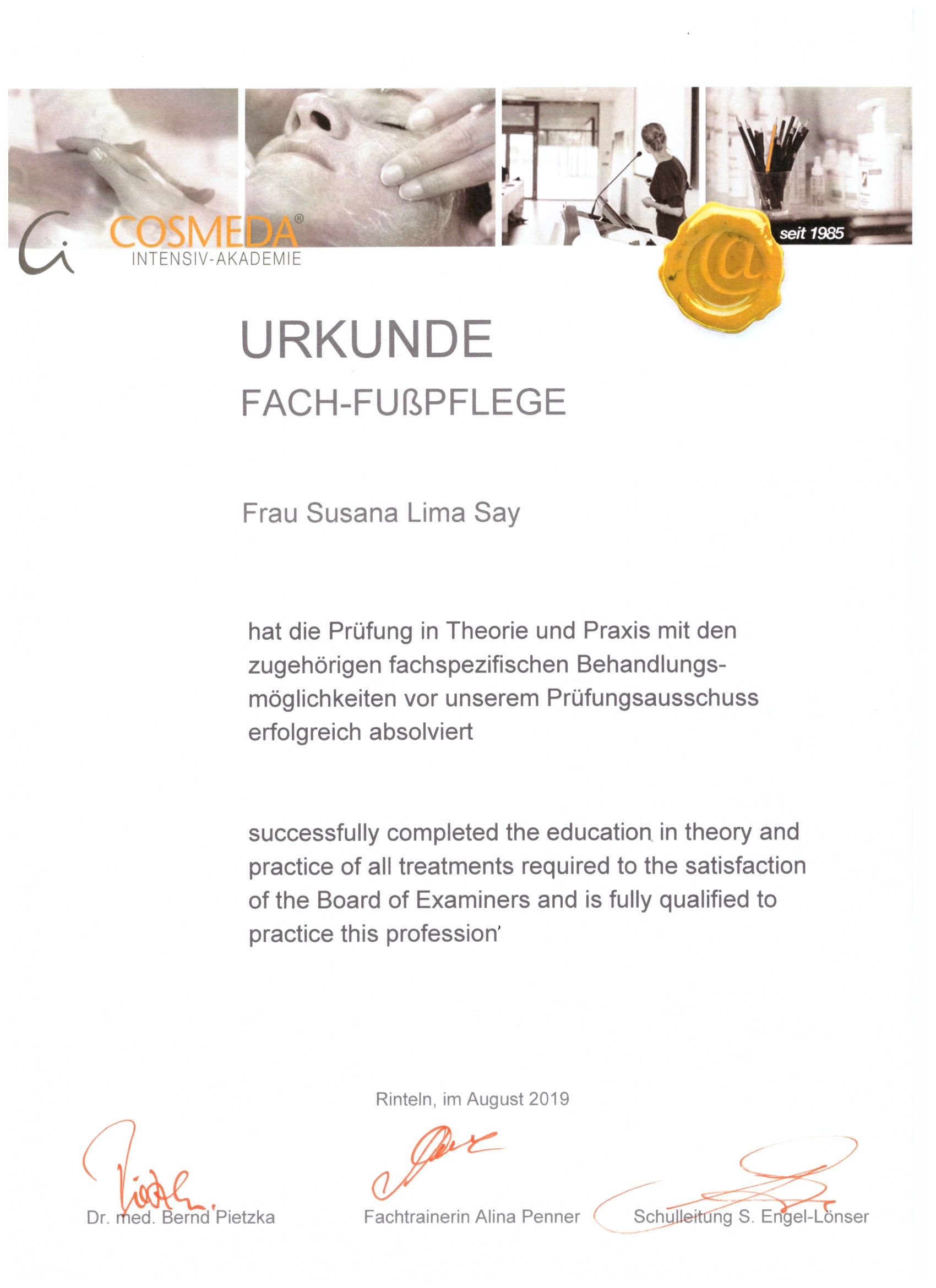 Zertifikat kosmetische Fußpflege – Susana Say, Bückeburg