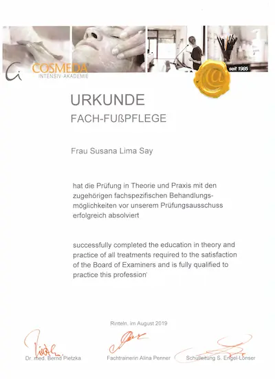 Zertifikat kosmetische Fußpflege – Susana Say, Bückeburg